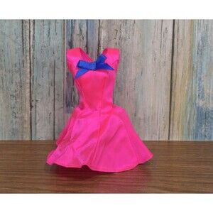 Barbie Fashion Doll Clothes Dress Hot Pink Satin Blue Bow Party Dress Outfit